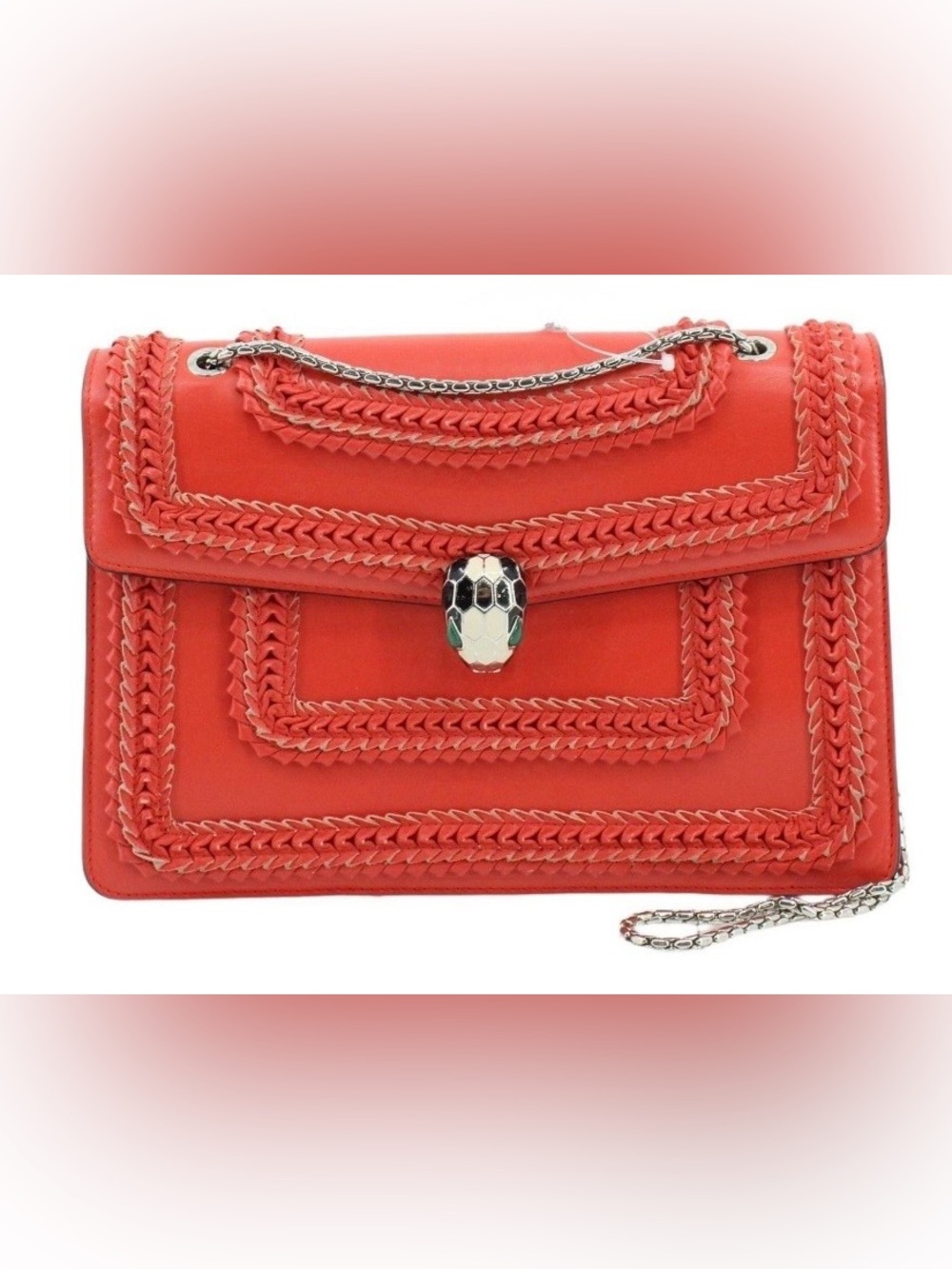 Bvlgari Serpenti Forever Coral Leather Braided Trim Crossbody Snake Bag